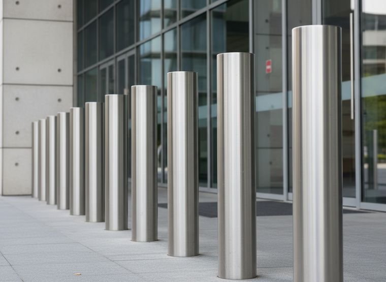 Stainless steel bollards at an entrance