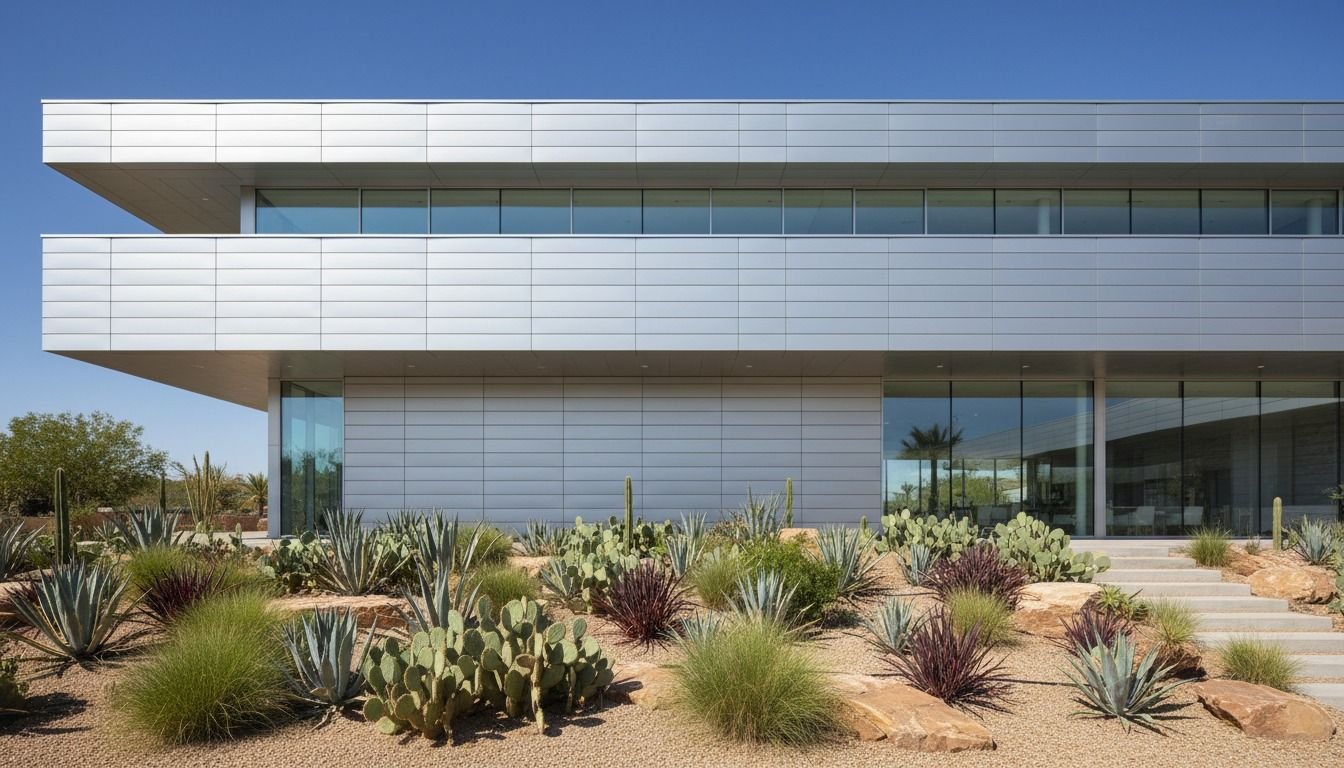 Aluminum panel facade with deep fascia