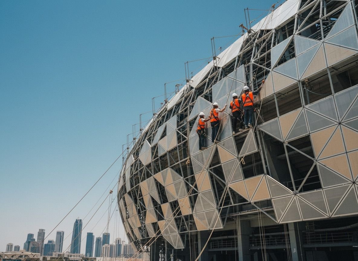 Rope access installation on a curved facade
