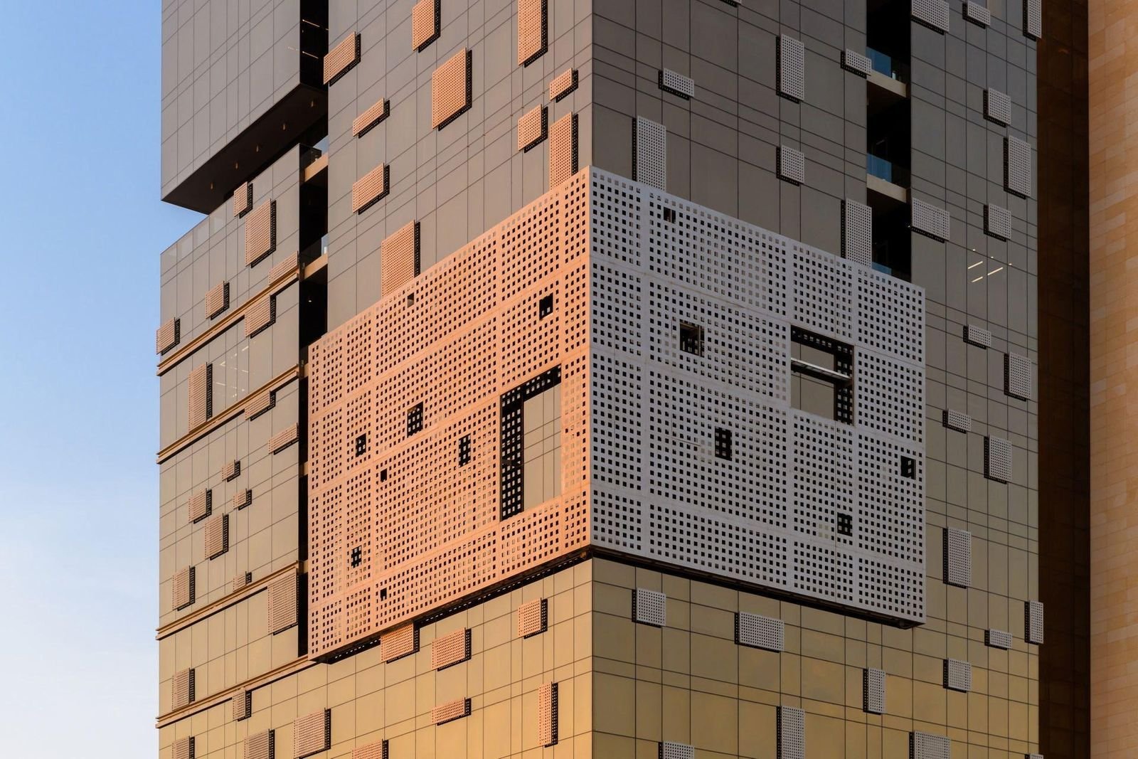 Perforated panels on a tower facade