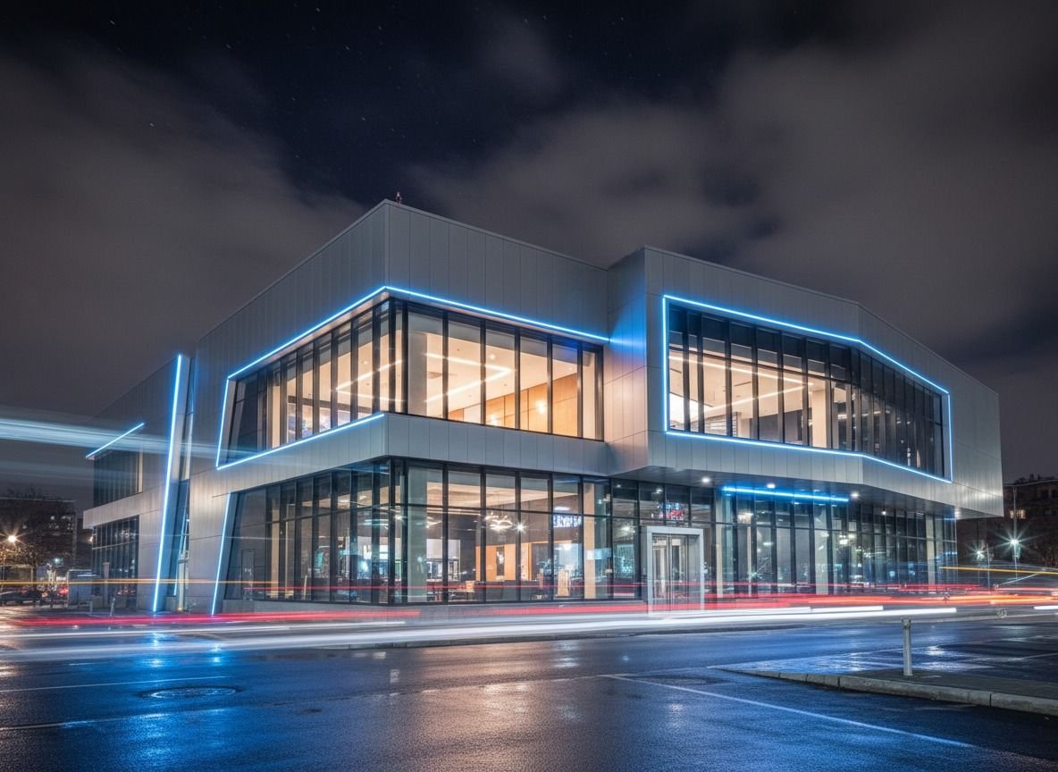 Metal and glass facade with LED lighting