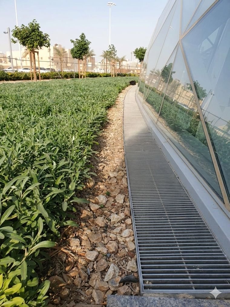 Stainless linear grating at a planted edge