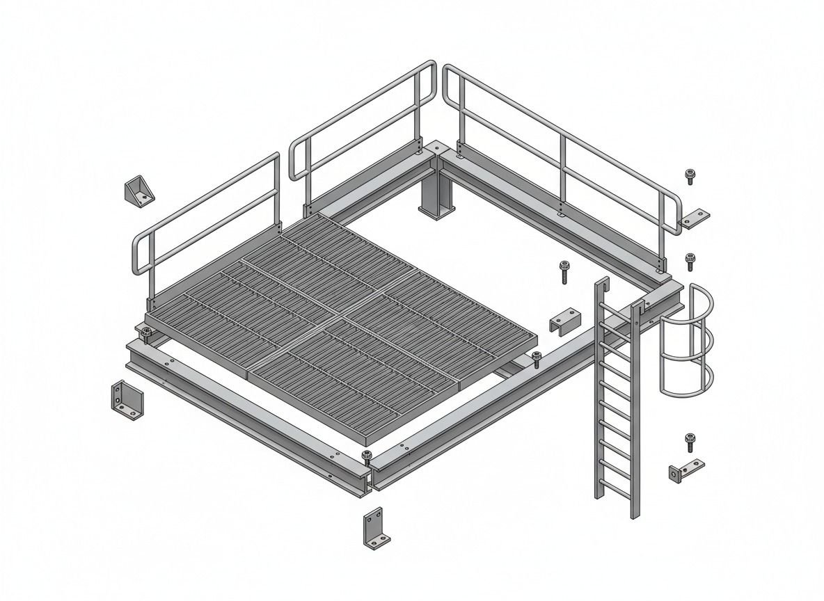 Platform with bar grating and handrails