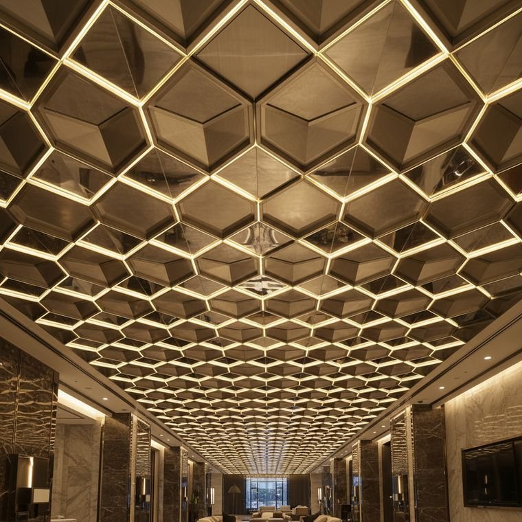 Backlit faceted feature ceiling