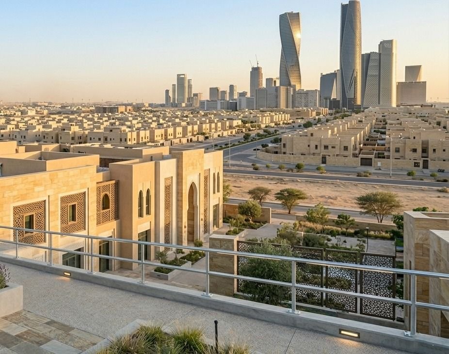 Rooftop balustrade with city views
