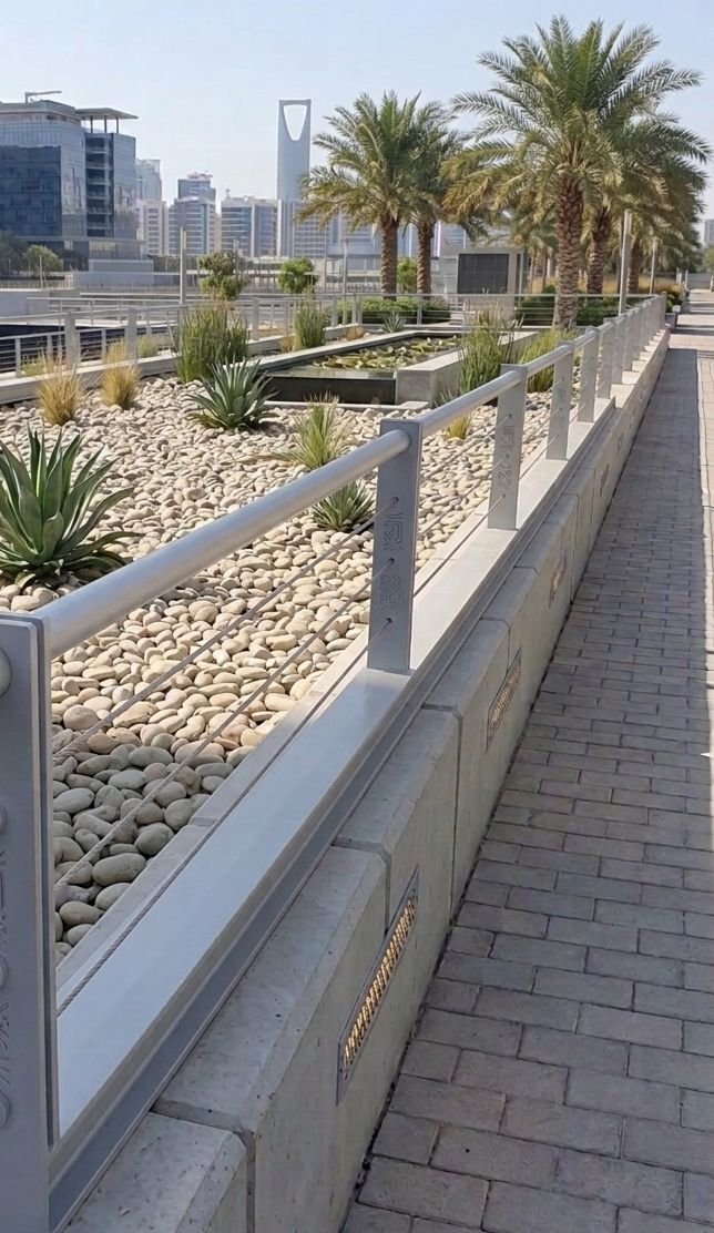 Tube balustrade along a planted walk