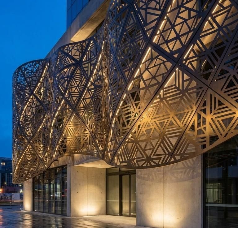 Laser cut facade screen lit at night